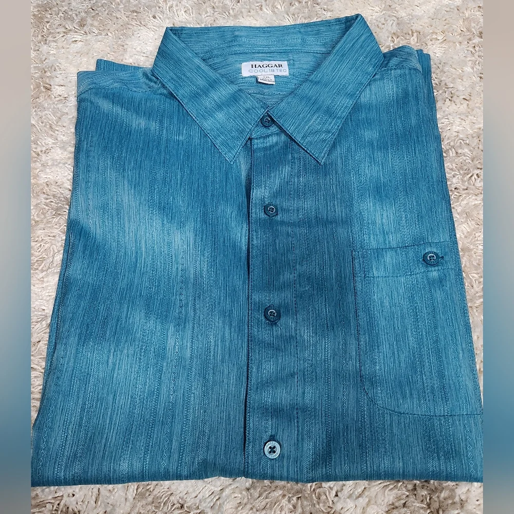Haggar Mens Teal Peacock Mens Short Sleeve Cool 18 Tec Dress Shirt XXL - Picture 1 of 7